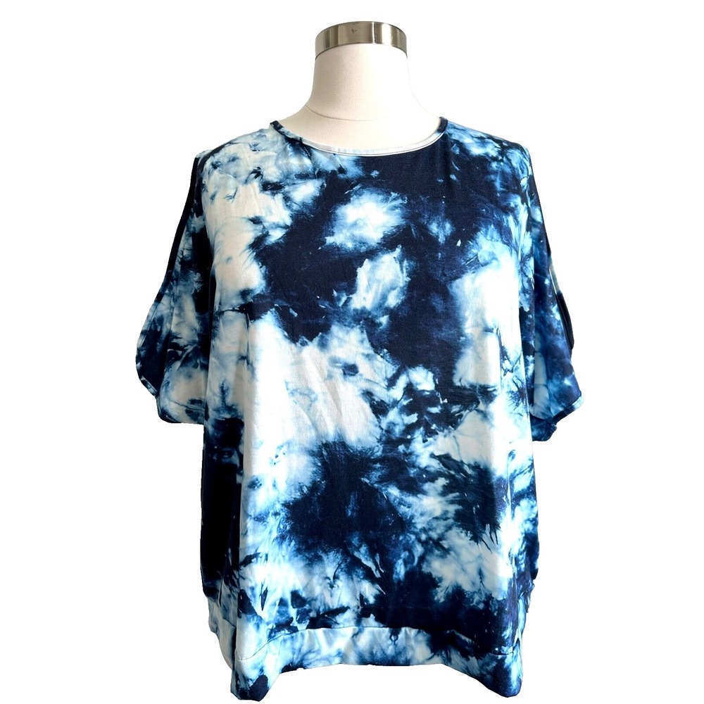 Indigo Blue & White Tie-Dye Cold Shoulder Short Sleeve Top Women's XL